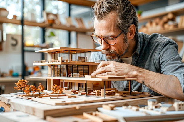 Photo precision in action architect meticulously shaping miniature building model