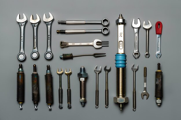 Photo precision automotive tools and parts wrenches spark plugs and hardware for professional mechanica