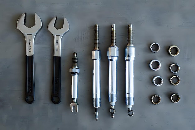 Photo precision automotive tools and parts wrenches spark plugs and hardware for professional mechanica