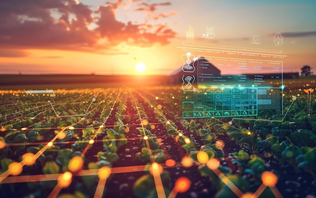 Precision Farming Technology at Sunset Sunset over a hightech agricultural field with digital monitoring interfaces showcasing precision farming