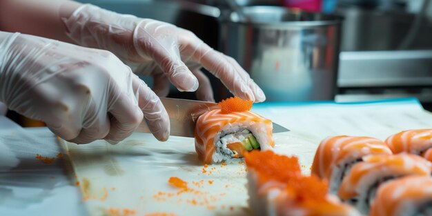 Precision meets tradition as skilled hands artfully slice through a sushi roll