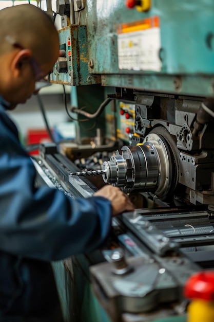 Photo precision metal lathe setup for new job industrial machine calibration and alignment