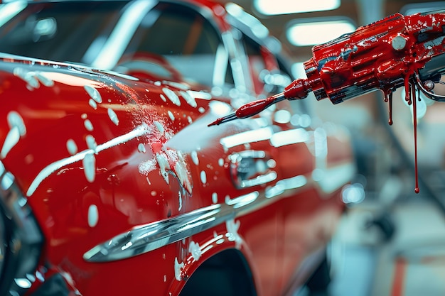 Photo precision painting a robotic arm applying glossy red finish to a classic car