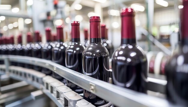 Precision in production close up of red wine bottles on bottling line in clean factory setting