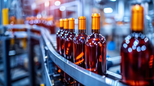 Precision in production close up of red wine bottles on bottling line in well lit factory