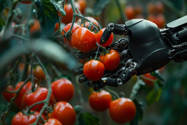 A precision robot arm picks fresh tomatoes with care in a controlled environment