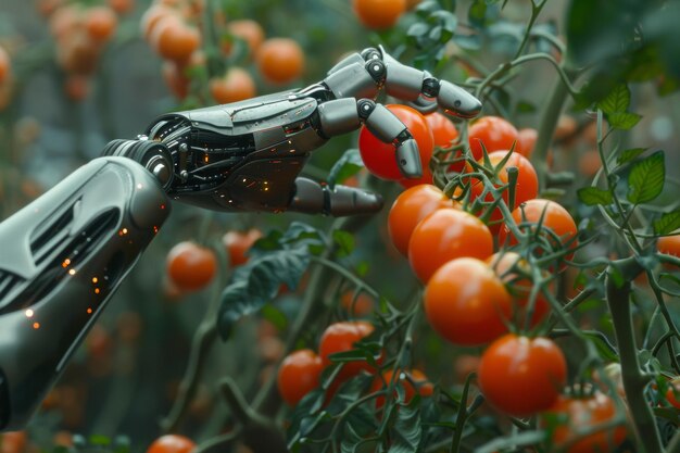 A precision robot arm picks fresh tomatoes with care in a controlled environment