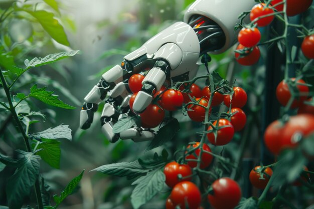 A precision robot arm picks fresh tomatoes with care in a controlled environment