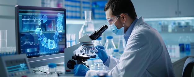 Photo precision in science laboratory technician analyzing personalized medicine samples under microscope with focus on scientific analysis and laboratory setting