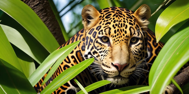 Predatory beast in jungle on a sunny day Beautiful tropical rainforest illustration with wild jaguar among exotic plants with big leaves Background with pristine nature landscape Generative AI