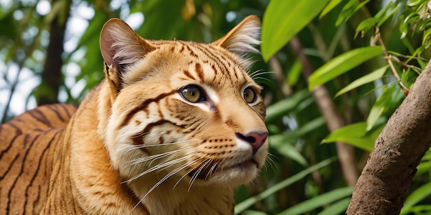 Predatory beast in jungle on a sunny day Beautiful tropical rainforest illustration with wild predator among exotic plants with big leaves Background with pristine nature landscape Generative AI