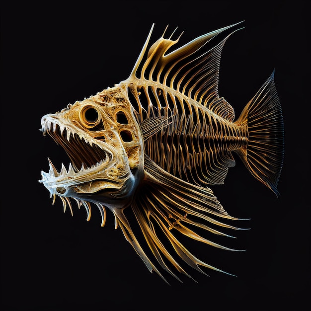 Predatory fish skeleton with big teeth isolated on black close up, horror, unusual fantasy wallpaper