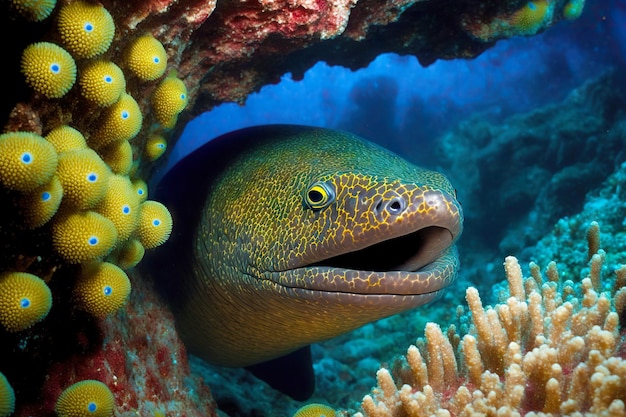 Predatory moray eels in clear turquoise water on ocean floor