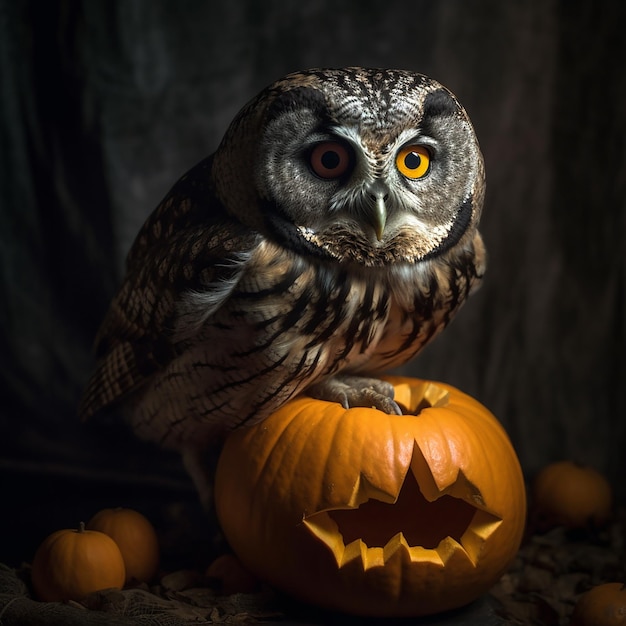 A predatory owl with hooked beak sits on a Halloween pumpkin unusual creative Halloween background