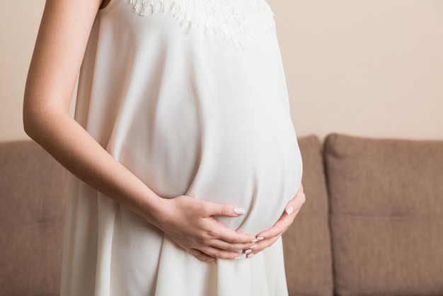 Pregnancy woman in beautiful dress standing on the home