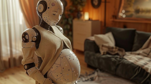 A pregnant female robot in a cozy living room wearing a sweater showcasing advanced AI technology