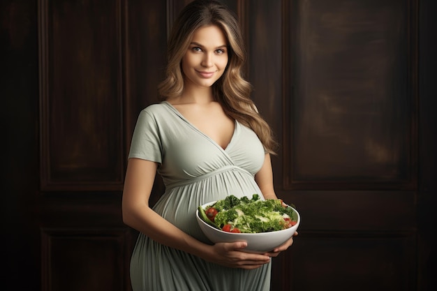 Pregnant smiling woman bowl salad Vegetable meal Generate Ai