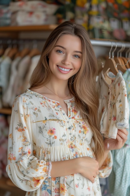 pregnant woman in autumn dress in childrens store holds hanger with a suit for newborns in hands