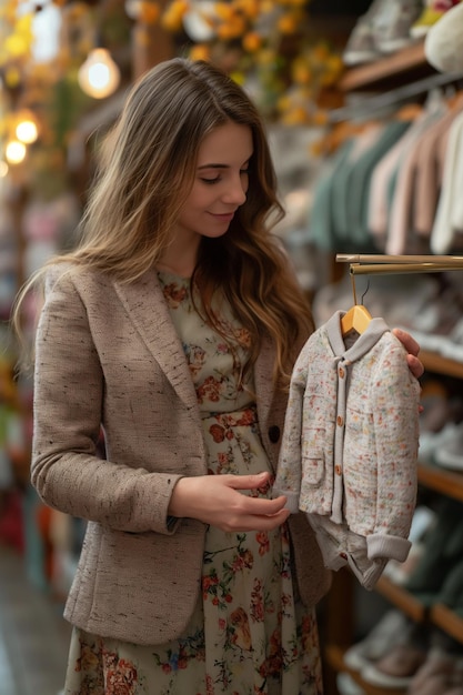 pregnant woman in autumn dress in childrens store holds hanger with a suit for newborns in hands