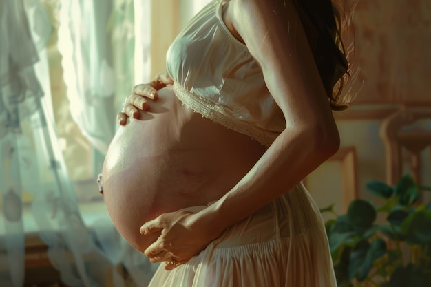 Photo pregnant woman feels baby movements anticipating motherhood