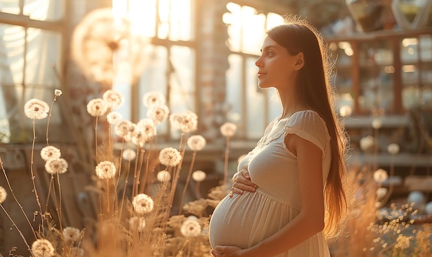 pregnant woman in a field of dandelions