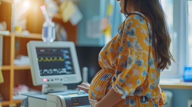 Photo a pregnant woman in a floral dress stands beside an ultrasound monitor during a prenatal checkup in