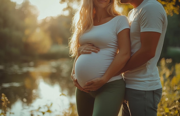 Photo a pregnant woman in green leggings enjoys an intimate moment with her partner by the serene lakeside during golden hour