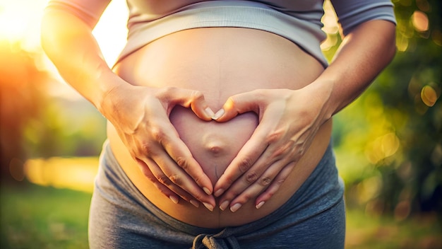 Pregnant Woman holding hands in a heart shape on her baby bump