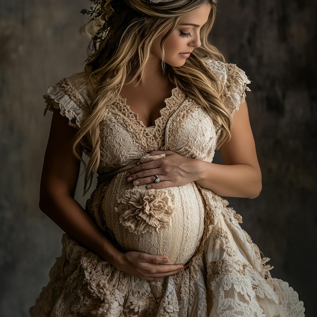 a pregnant woman holds her belly in a bridal gown