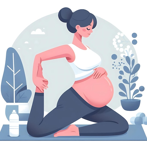 a pregnant woman is doing yoga in front of a plant