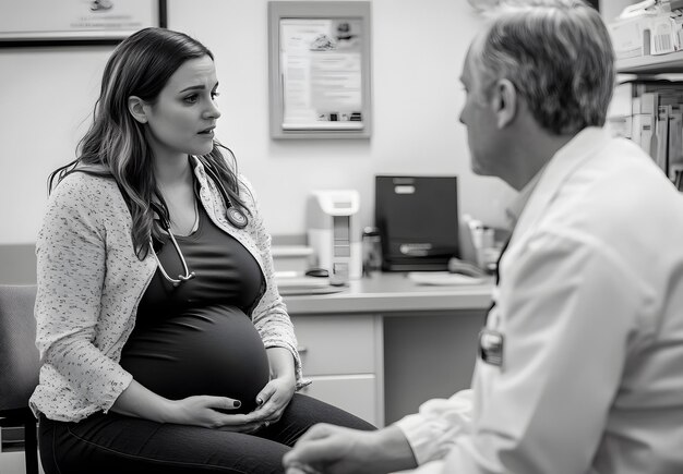 Photo a pregnant woman is sitting at a desk with a doctor