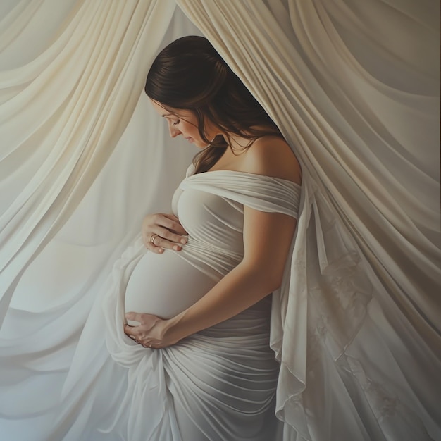 a pregnant woman is standing in front of a curtain that says pregnant