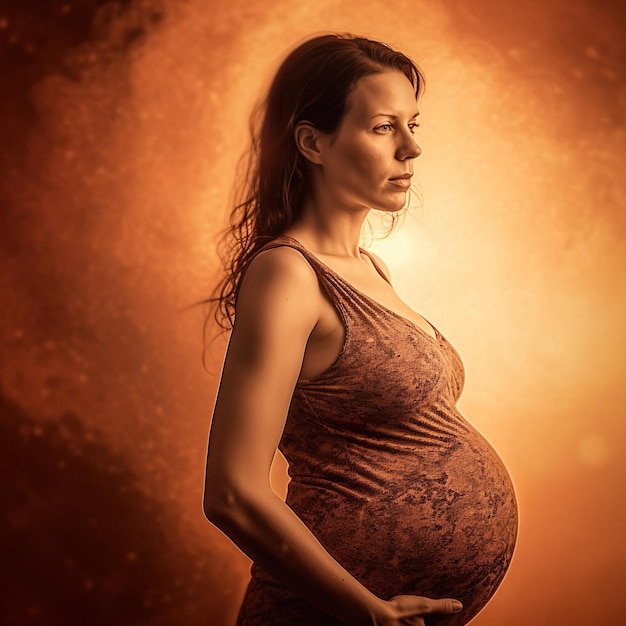 A pregnant woman is standing in front of a red background Conceptual motherhood