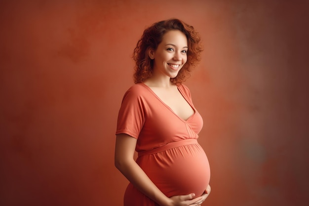 A pregnant woman is standing in front of a red background