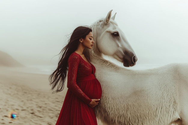 Photo a pregnant woman is standing next to a horse