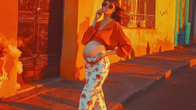 Photo a pregnant woman is standing outside and smoking