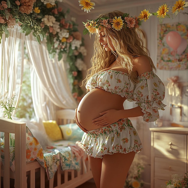 a pregnant woman is standing in a room with flowers and a baby bed