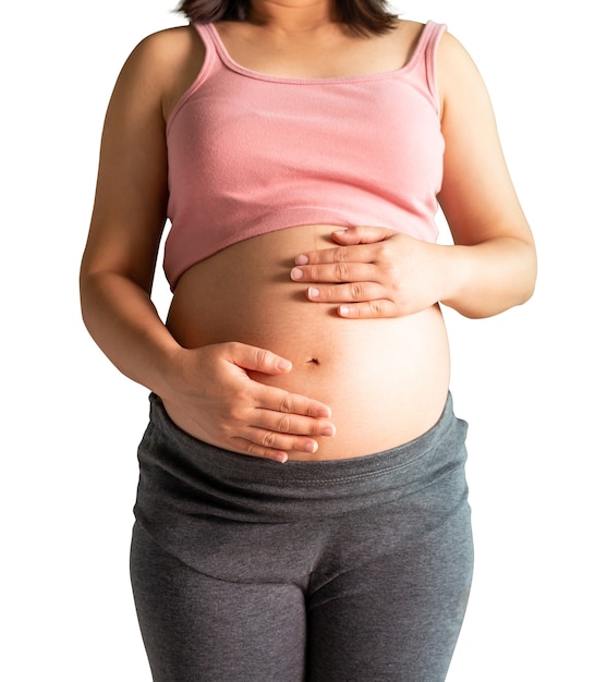 Pregnant woman isolated on white background.