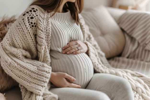 Photo pregnant woman in knitted sweater holding belly