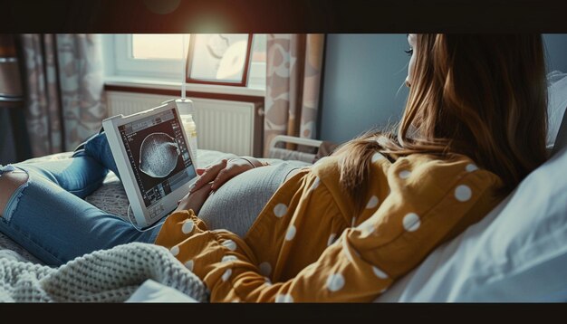 Photo pregnant woman laying in bed and getting ultrasound diagnostic from doctor