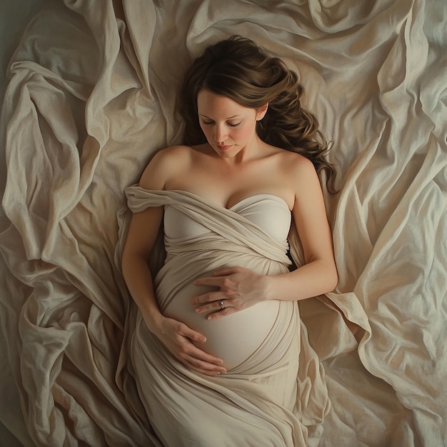 a pregnant woman laying in a white sheet with a baby on it