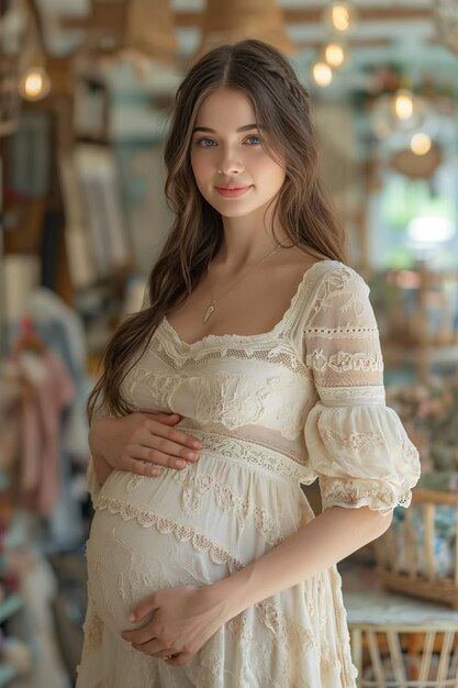 pregnant woman in a light summer dress in a baby store