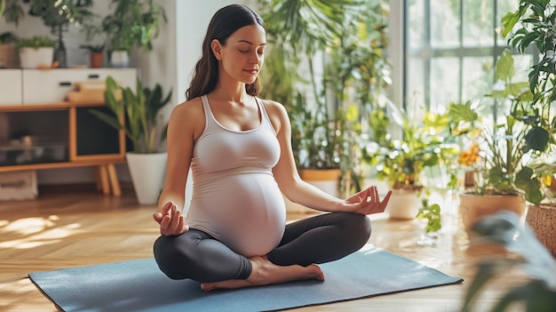 Pregnant Woman Meditating on Yoga Mat at Home