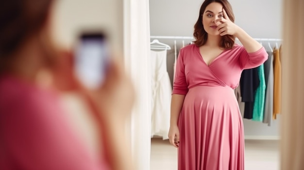 Photo a pregnant woman in a pink dress takes a picture of herself in a mirror.