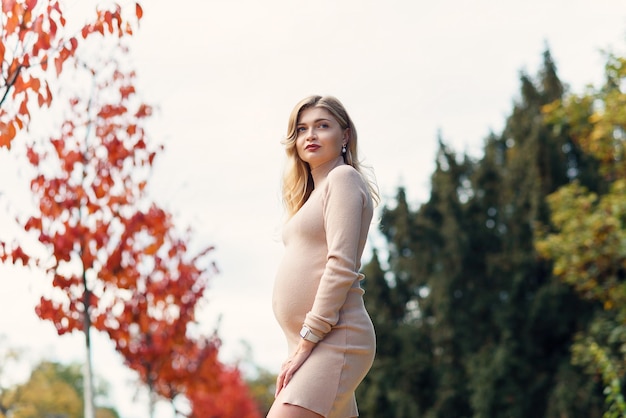 Pregnant woman posing in the park walking on the park professional makeup happy and carefree