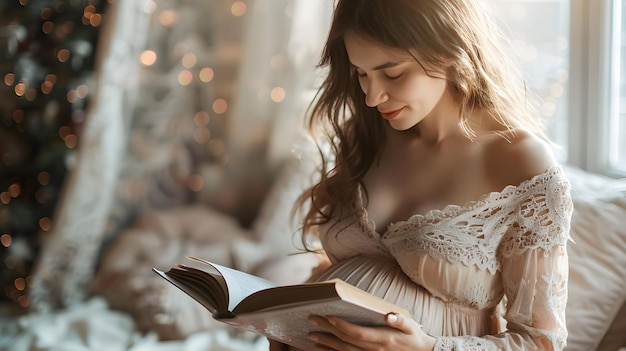 Pregnant woman reading baby book High resolution image showcasing the excitement and preparation fo