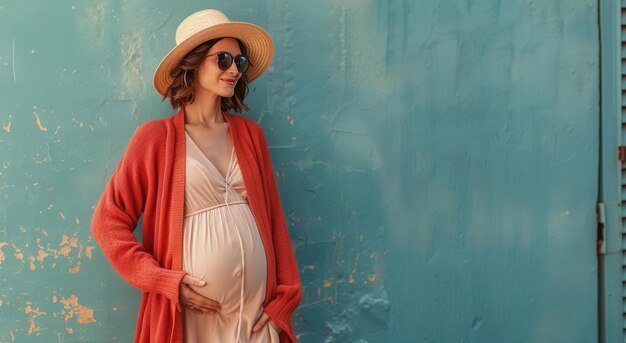 Photo pregnant woman in red cardigan leans against blue wall