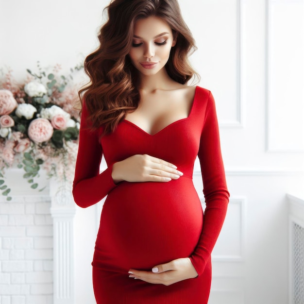 pregnant woman in red dress holds belly on white background