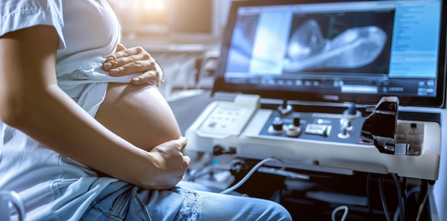 a pregnant woman sits in front of a monitor with the words baby on it