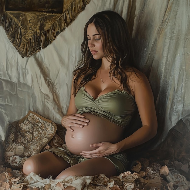 a pregnant woman sits in front of a white sheet with a gold and brown floral pattern